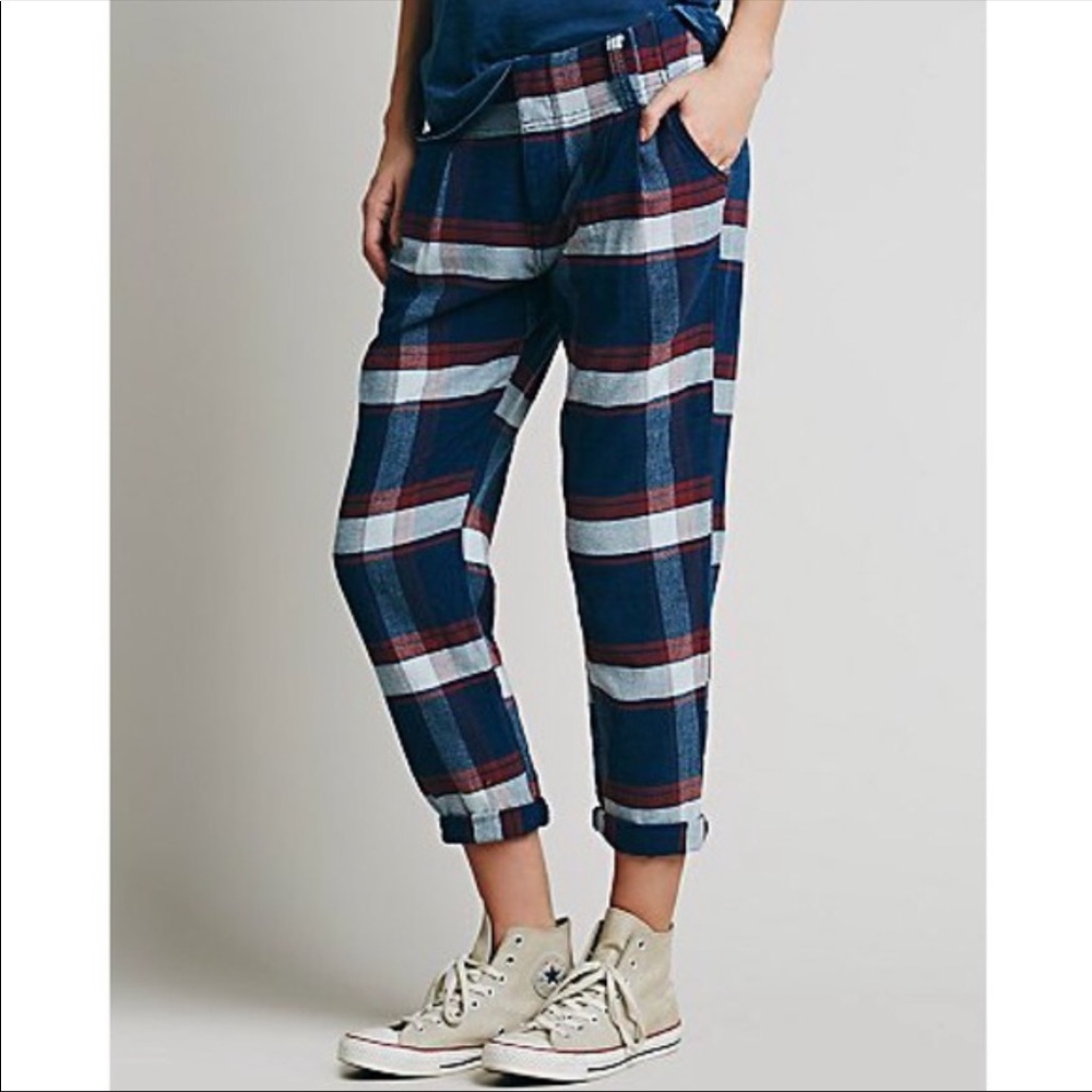 Free People Blue Plaid Pants SZ 4